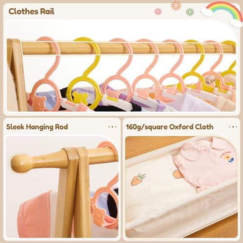 Kids Clothing Rack with Storage Box, Dress up Holder, Child Garment Stand with Hanging Rods, Small and Foldable, Bamboo (Natural)