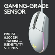 Logitech G203 LIGHTSYNC Wired Gaming Mouse, 8,000 DPI, Rainbow Optical Effect LIGHTSYNC RGB, 6 Programmable Buttons, White