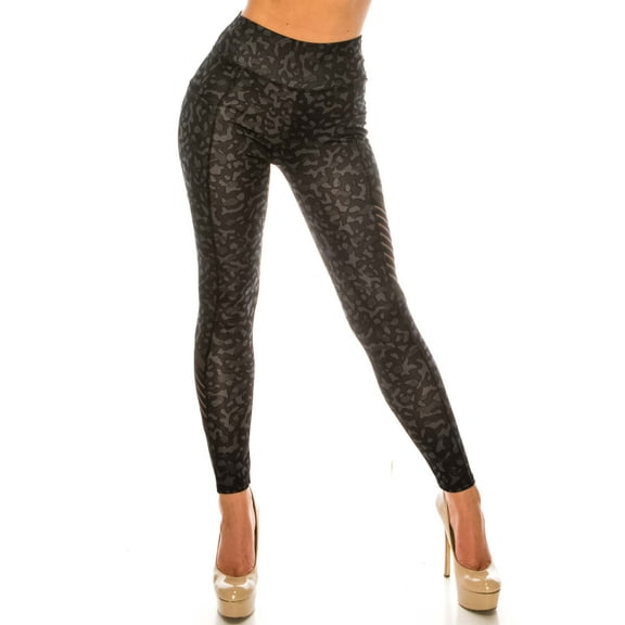 Black Leopard Serrated Mesh High Waisted Sport Leggings Black S/M