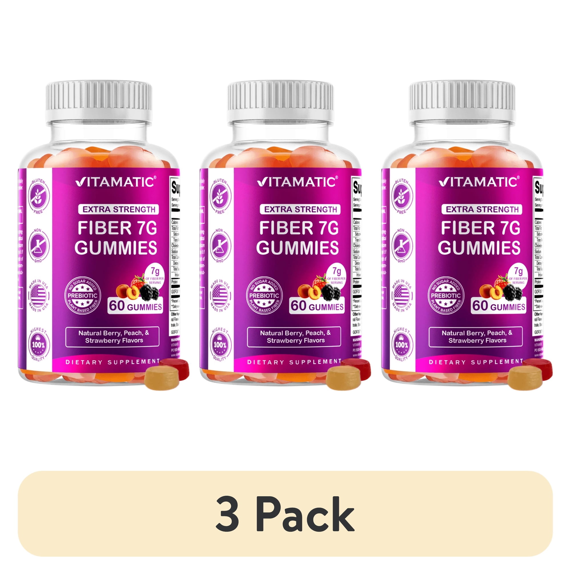 (3 pack) Vitamatic Prebiotic Fiber Gummies for Adults - 7G Fiber Extra Strength - Zero Sugar Added - 60 Pectin Based Gummies - Digestive Health & Regularity Support