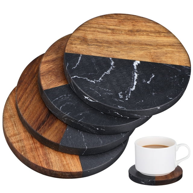 SHISUYAN 4 Pcs sous-Verres de Table à Manger Demi-Bois Demi-Marbre sous-Verres Isolation Thermique Tapis Ronds Décor Rustique Maison