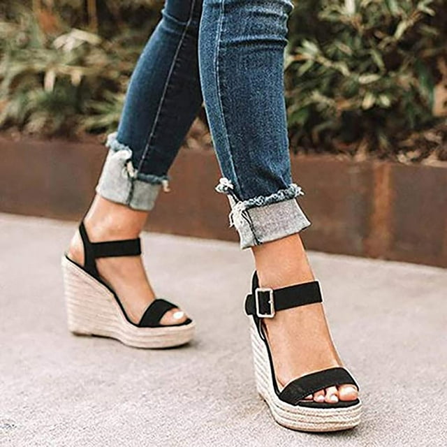 LSLJS Sandales Classiques d'Été pour Femmes Platform Robe Sandales à Talons Compensés Bride Cheville Bout Rond Ouvert, Talons Hauts Confortables pour Femmes Plage Décontractée