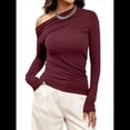 thumbnail image 3 of Blusas de Mujer con Hombros Descubiertos, Elegantes, de Larga, Asimétricas, Ajustadas, para Salir, de Otoño, con Frunces. Vino Tinto M, 3 of 8