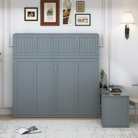 Harper & Bright Designs Queen Murphy Bed Wall Bed with Desk, Wood Queen Size Cabinet Bed Folding Wall Bed with Storage Shelves and Cabinets for Guest Room Office, Gray
