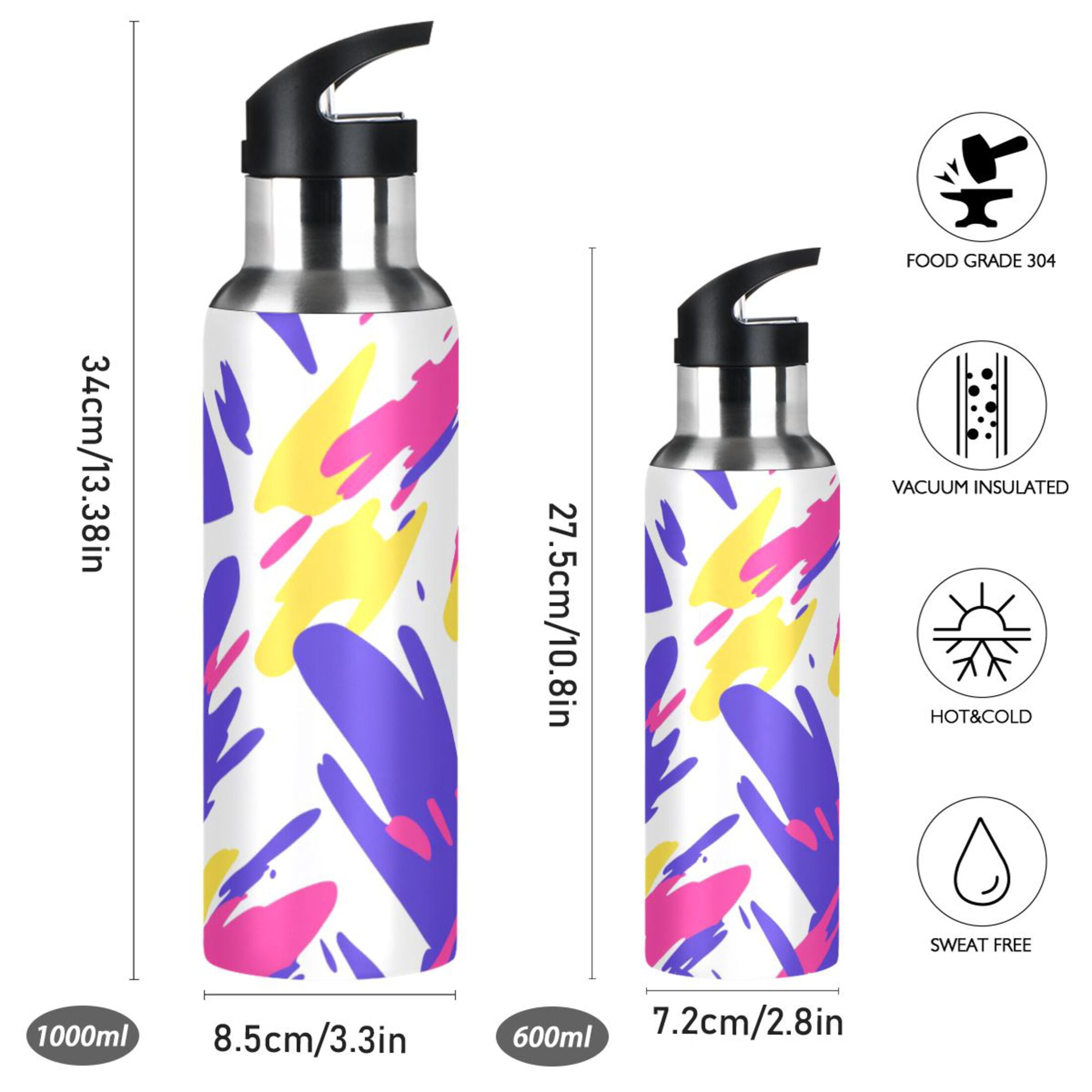 Colorful Abstract Brush Strokes 600ml Double Walled Stainless Steel LeakProof Sports Bottle Thermo 8h