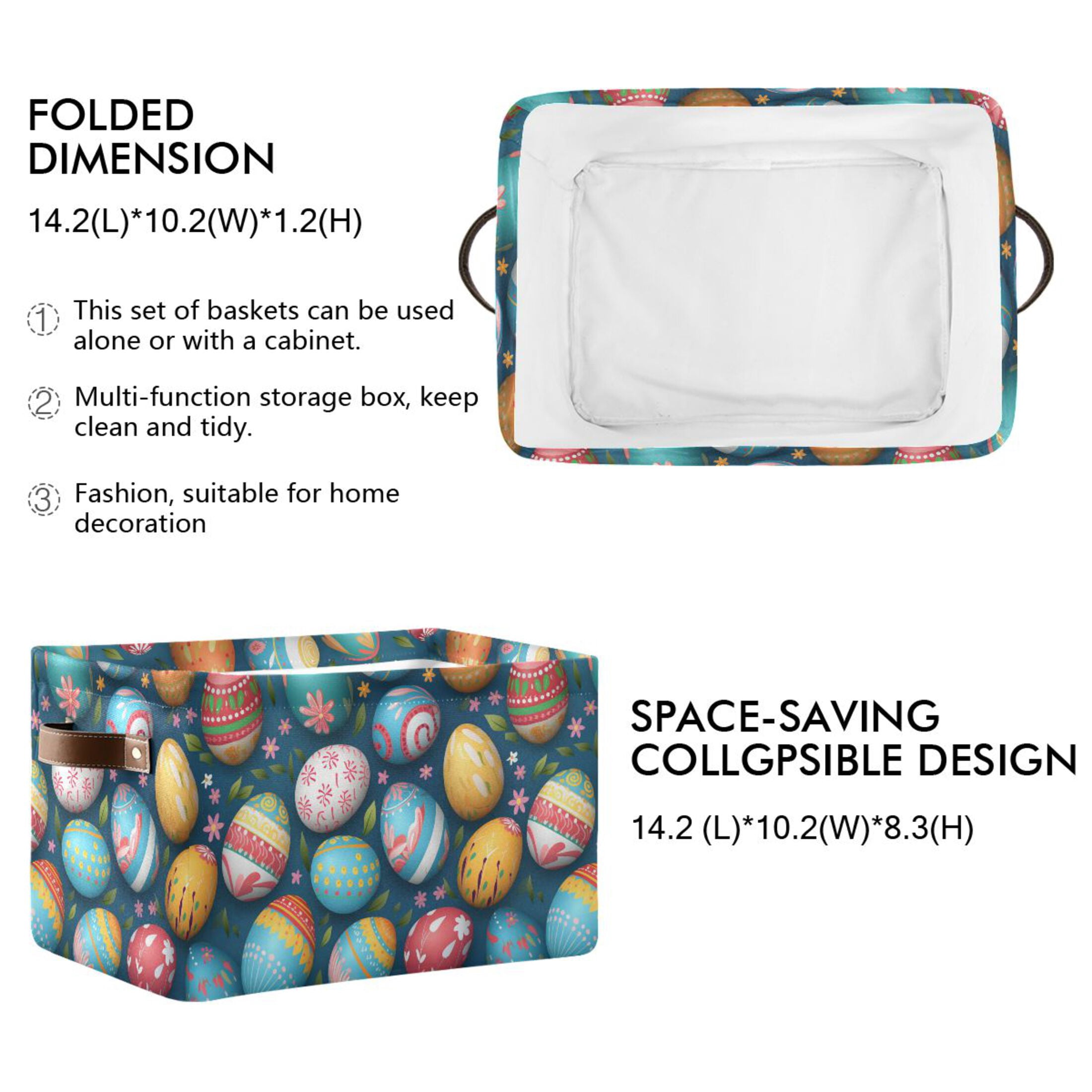 Colorful Easter Eggs Storage Bins with Handle Fabric Organizer Basket Foldable Box 2 Pack 14.2x10.2x8.3