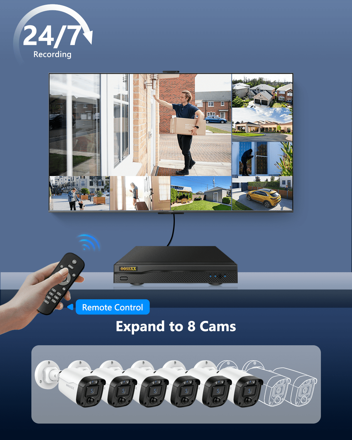 OOSSXX 6-Camera 5MP Wired Home Security Camera System with DVR, HD-Analog CCTV Surveillance Cameras Kit, IP67 Waterproof Outdoor Cameras