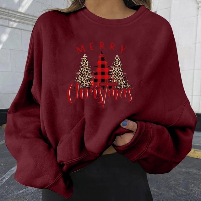 Haut de Noël pour Femmes, Mode Femmes de Noël Décontractée à Imprimé, Col Rond, Ample, Manches Longues, Hauts Courts, Blouse, Chandails Sans Capuche