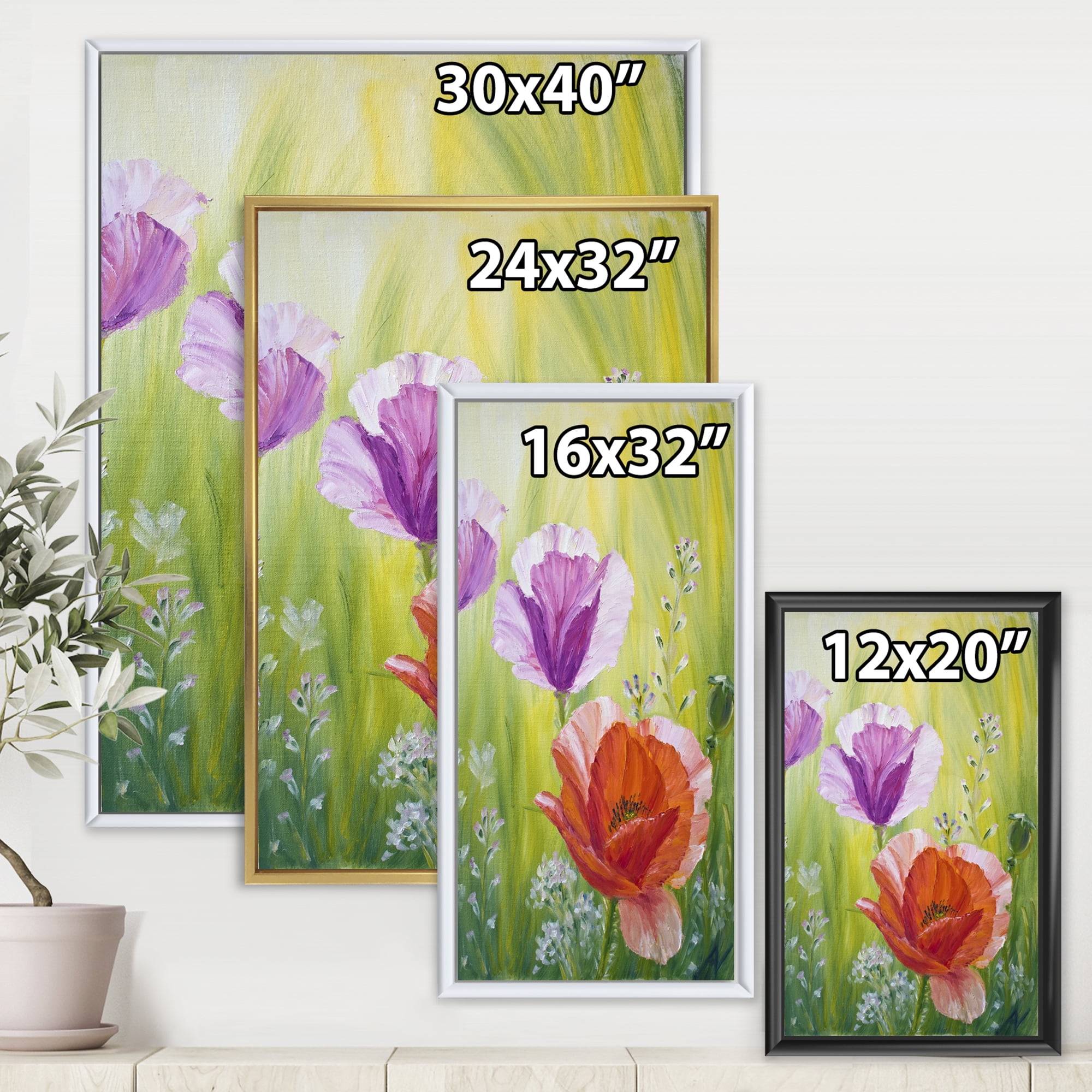 Designart 'Poppies In The Morning In Wild Green' Traditional Framed Canvas Wall Art Print