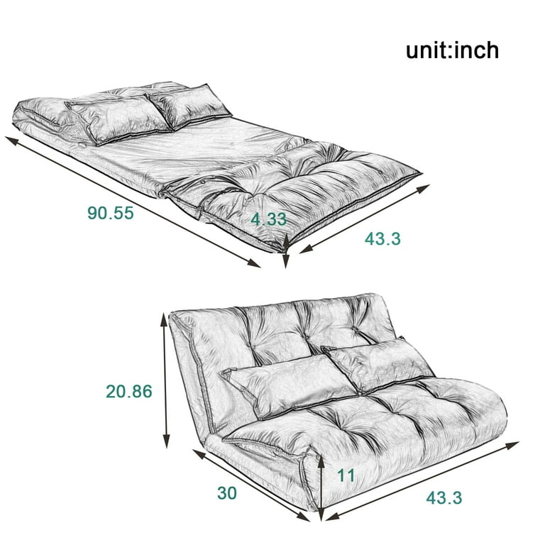 Lazy Sofa with 2 Pillows, Folding Futon Sofa with 5 Adjustable Position, 3  In 1 Upholstered Floor Sofa with Metal Frame, Video Gaming Sofa for Living