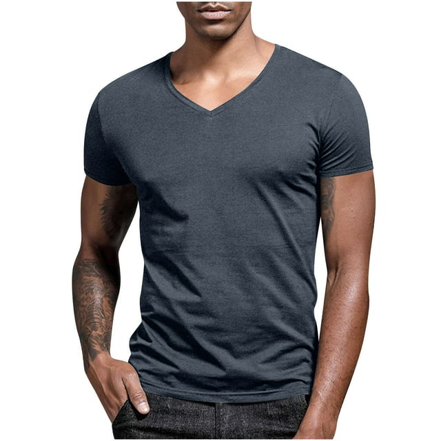 Blusas y camisas de manga corta con cuello en V para hombre, blusas casuales de verano a la moda de color liso con cuello en V y manga corta para hombre.
