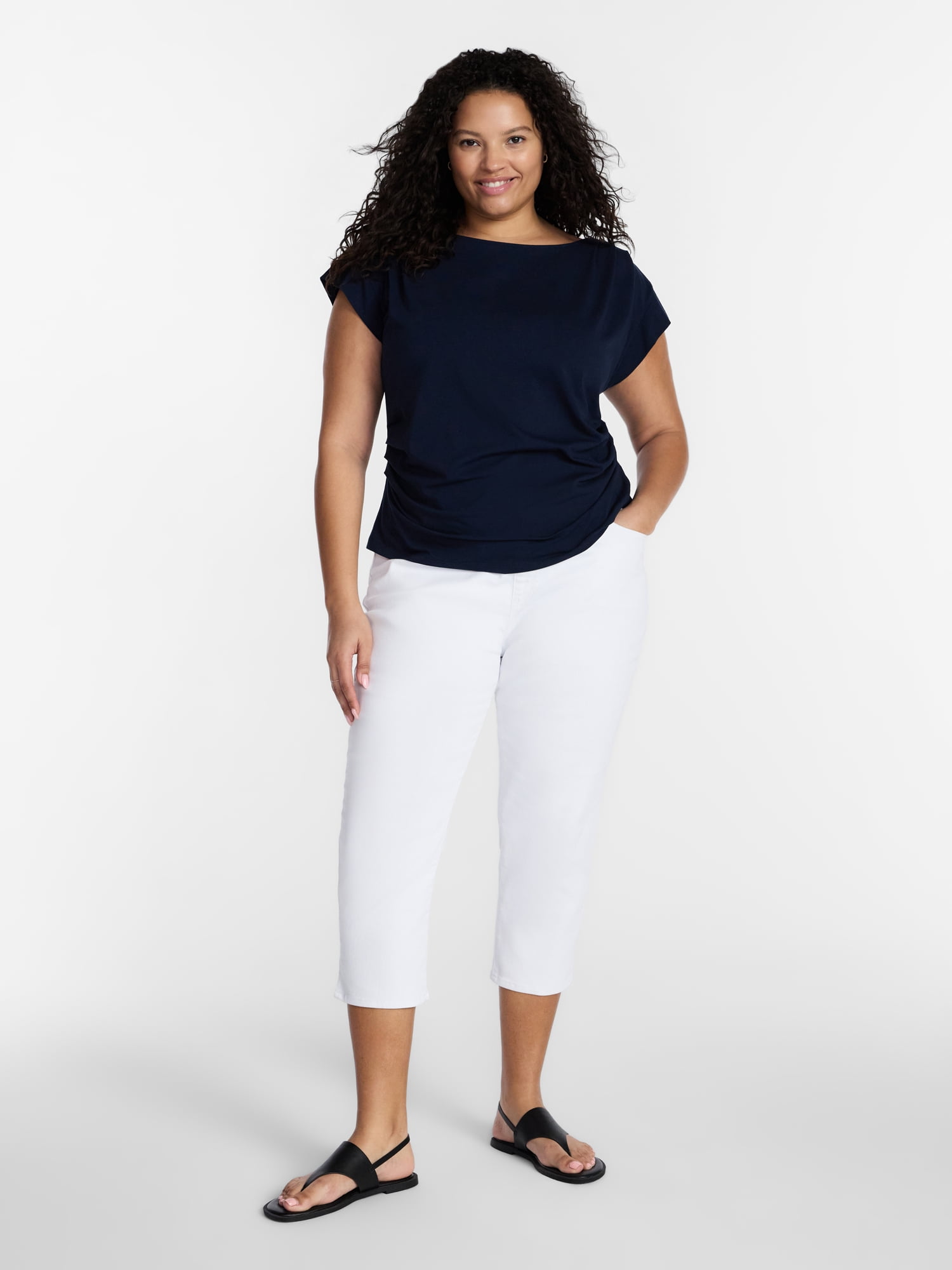 Terra & Sky Women’s Plus Pleated Shoulder Top with Short Sleeves, Size 0X-5X