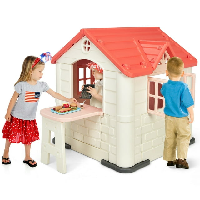 Gymax Maison de Jeu pour Enfant Jeux Cottage avec Ensemble de Jouets 7 Pcs et Housse Imperméable Rose