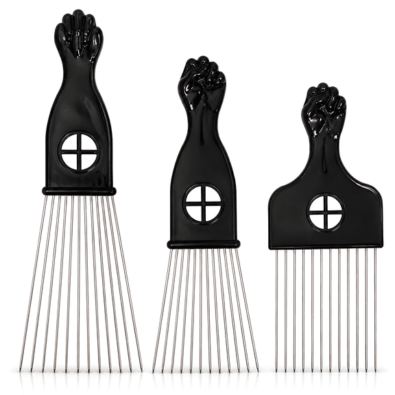 OPALESQUE Afro Pick for Curly Hair, 3 Pack Metal Hair Comb for Hair Styling Women/Men, Black (Plastic, Metal)