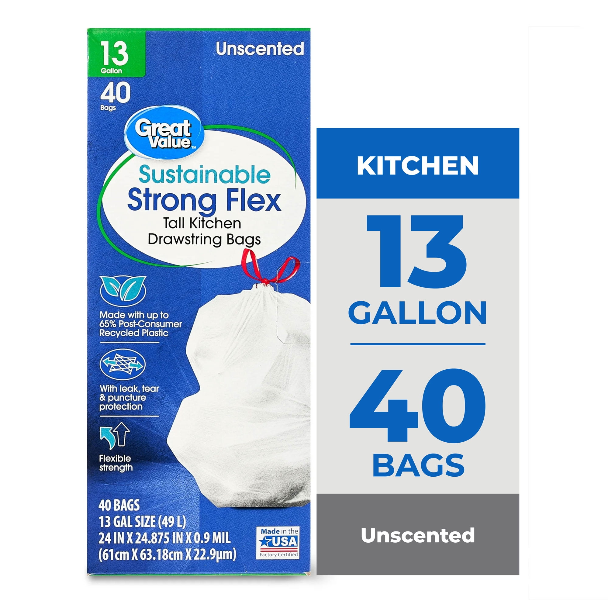 Great Value Sustainable Strong Flex Tall Kitchen Trash Bags, 13 gal, 40 Count