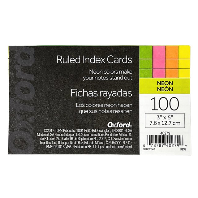 Tarjeta Indice 3"x 5", Oxford, Colores Neón, Pq. 100