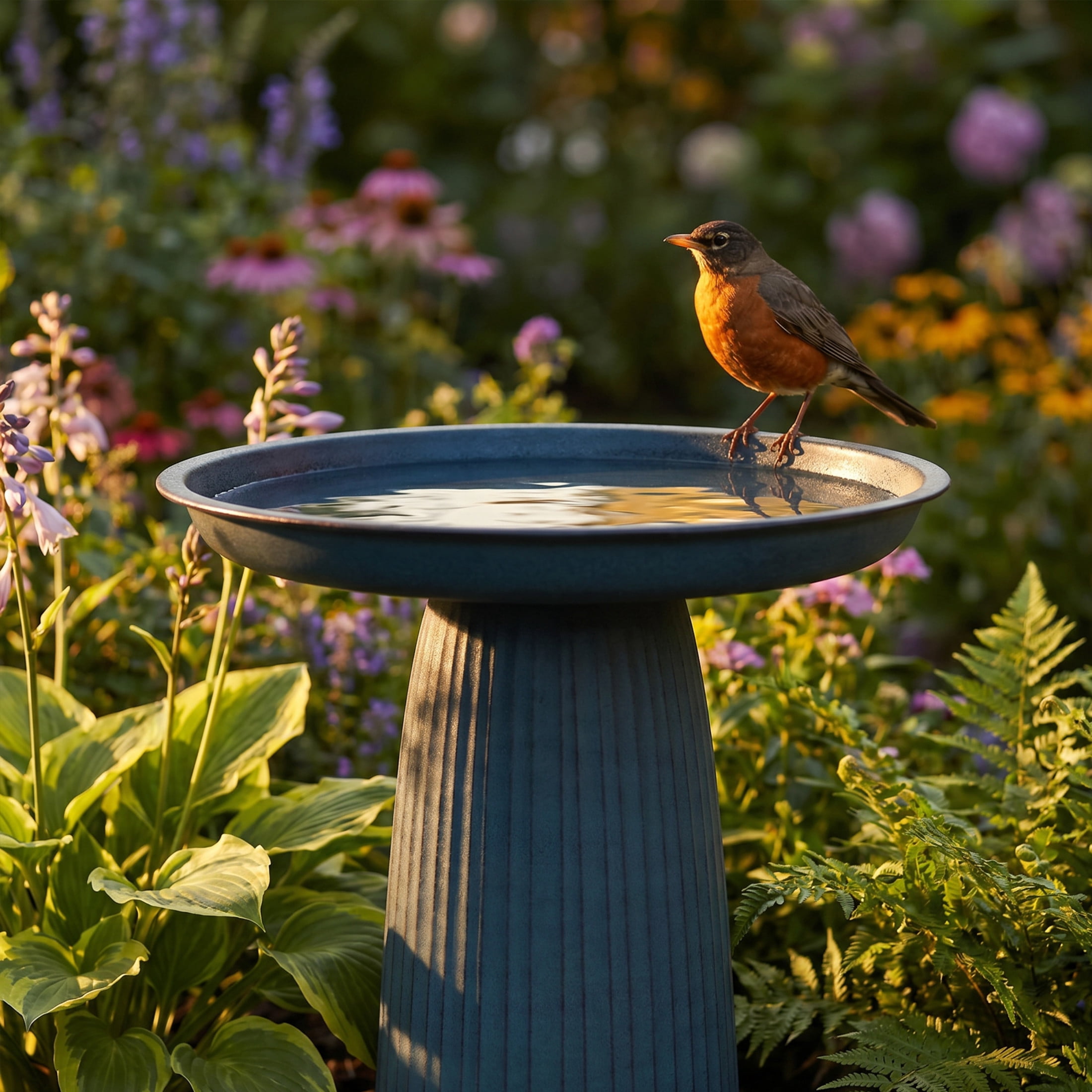 Sunnydaze Gleeful Garden Freestanding Metal Outdoor Bird Bath, UV-Resistant Matte Blue