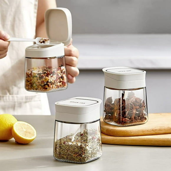 Condiment Jar Spice Container+Lids & Spoons,Clear Glass Condiment Canisters Pots Seasoning Box Salt Container White