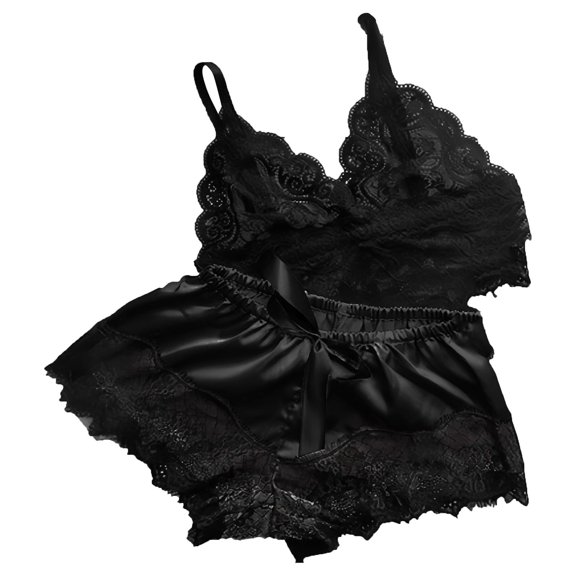 Womens Pajama Sets New Womens Floral Lace Pajamas Set Sleepwear Cami Tops Bra and Panty 2 Piece Nightwear Pjs Loungewear Sets Style B-28 Black XXL