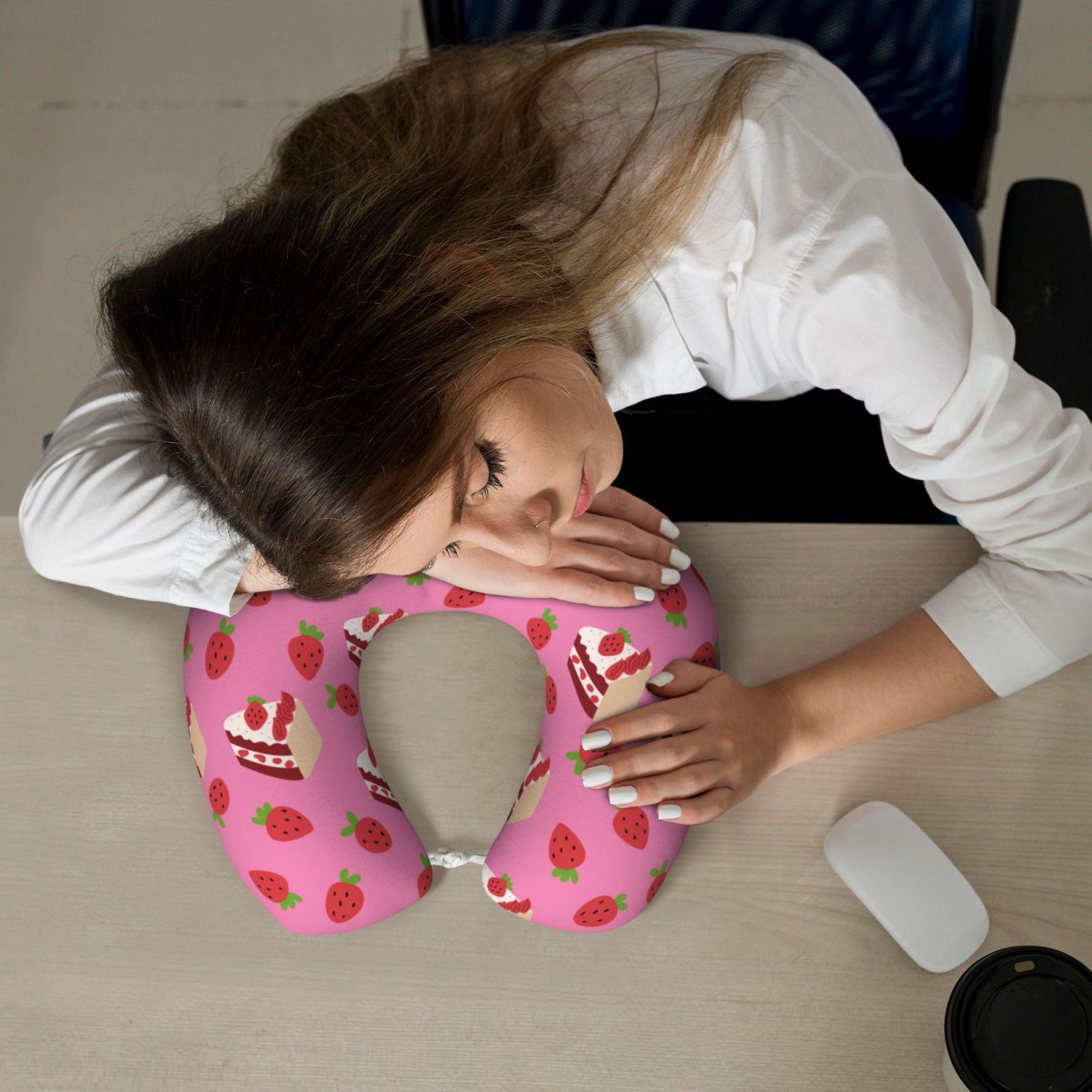 Xecao Strawberry Cake Print Memory Foam Cervical Neck Pillow Versatile U-Shaped Pillows for Home,Office,Camping,Travelling,Soft Washable Cover