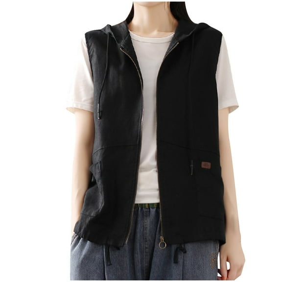 Lovskoo 2024 Women Hooded Linen Vest Cardigan Casual Loose Coat Stitching Sleeveless Short Jacket Black
