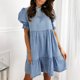 thumbnail image 2 of Moda mujer Casual Color sólido cuello redondo plisado manga corta vestido falda Pompotops  qwe13396, 2 of 9