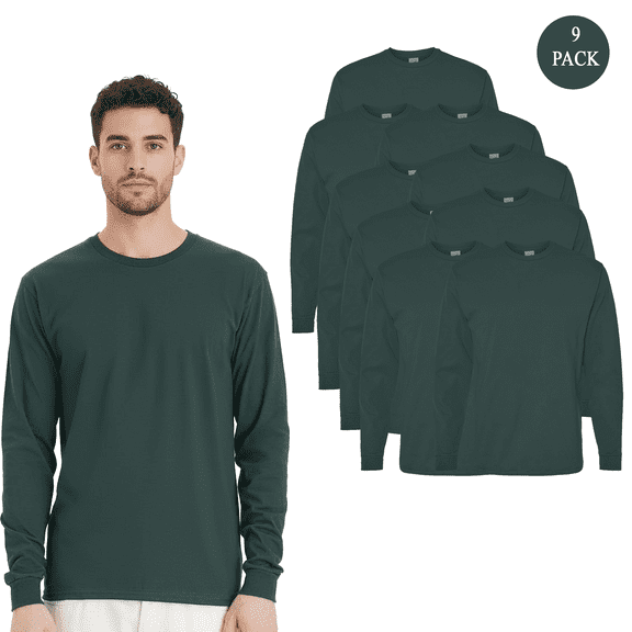 Hanes Mens Essential-T Long Sleeve T-Shirt, Crew Neck Classic Fit Athletic Dark Green Tee 9-Pack S
