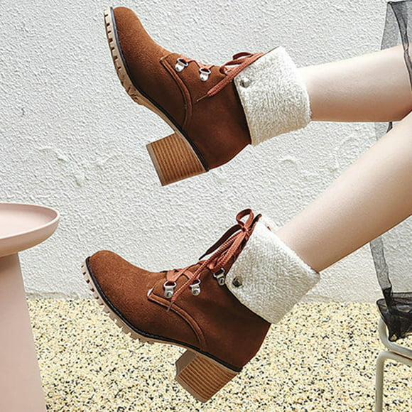 Fall Boots Women Shoes Solid Color Casual Fashion High Heels Wear-resistant Lace-up Pointed Warm Thick Fleece Suede Snow Girls Shoes on Clearance