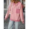 thumbnail image 4 of Women's Contrast Color Stripe V-Neck Hooded Sweatshirt Long Sleeve Casual Pullover with Snap Buttons, 4 of 5