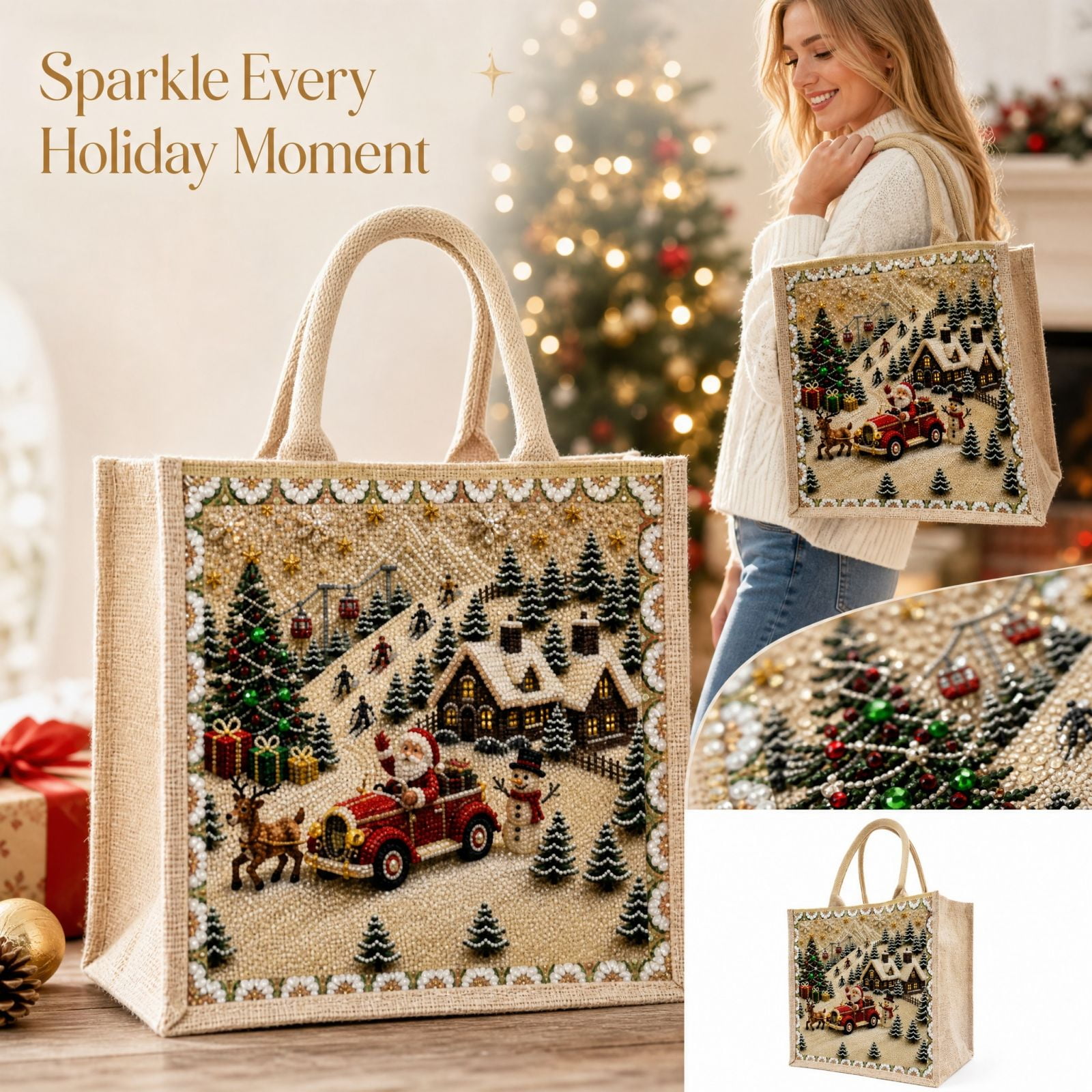 5D Christmas Tree Pearl Diamond Art Jute Tote Bag DIY Gem Painting Craft Kit with Reusable Shopping Bag