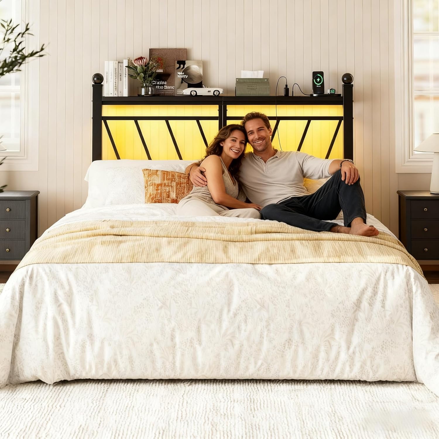 ARICOEASY Metal King Size Storage Headboard with LED Lights, Modern King Head Board with Outlets, USB & Type C Port, Farmhouse Vintage Style, Easy Assembly, Black