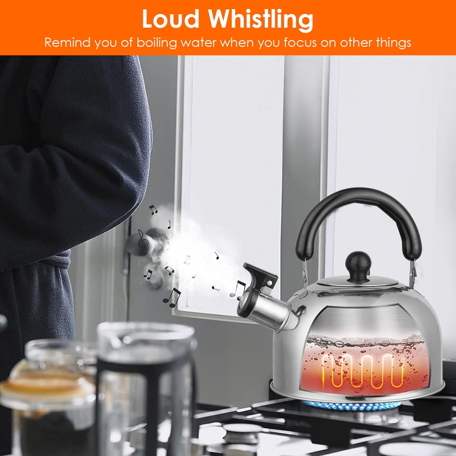 2.1 Quart Stainless Steel Whistling Kettle, Heat Insulated Handle Fast Heating Tea Kettle, Compatible with All Stoves for Kitchen Camping Office