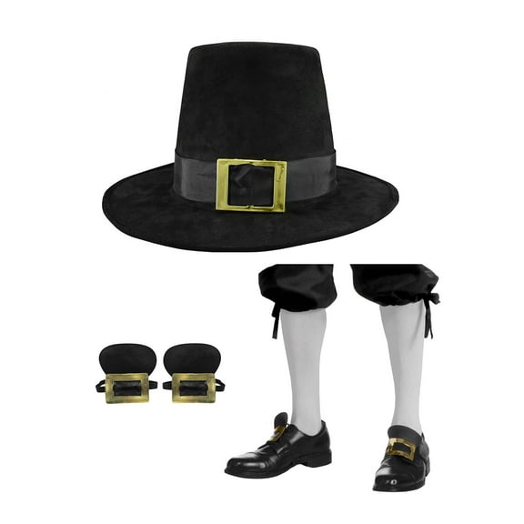 Nicky Bigs Novelties Deluxe Colonial Pilgrim Hat Gold Shoe Buckles Knee High Stockings Costume Set