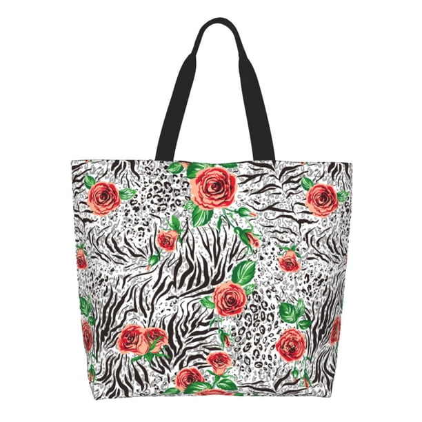 Fotbe Roses Mixed Zebra 1 Bolsa Tote Estética de Lona con Estampado para Mujer - Bolsa Reutilizable de Hombro Casual para Vacaciones, Compras, Trabajo y Gimnasio