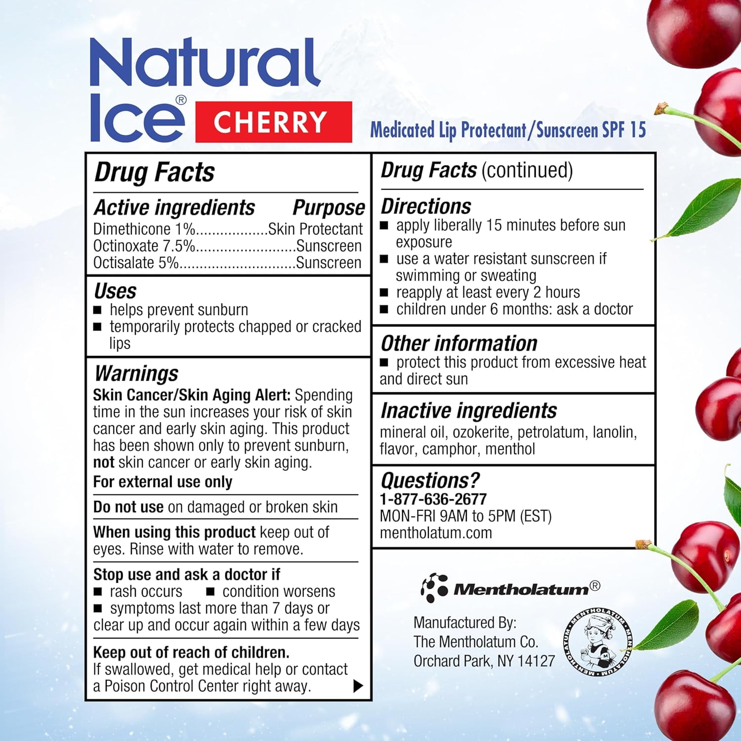 Mentholatum Natural Ice Cherry Flavor Medicated Lip Balm, Hydrating Lip Care for Dry, Chapped Lips, Moisturizing Formula with SPF 15 Helps Prevent Sunburn, Protection for Smooth, Soft Lips (48 pack)