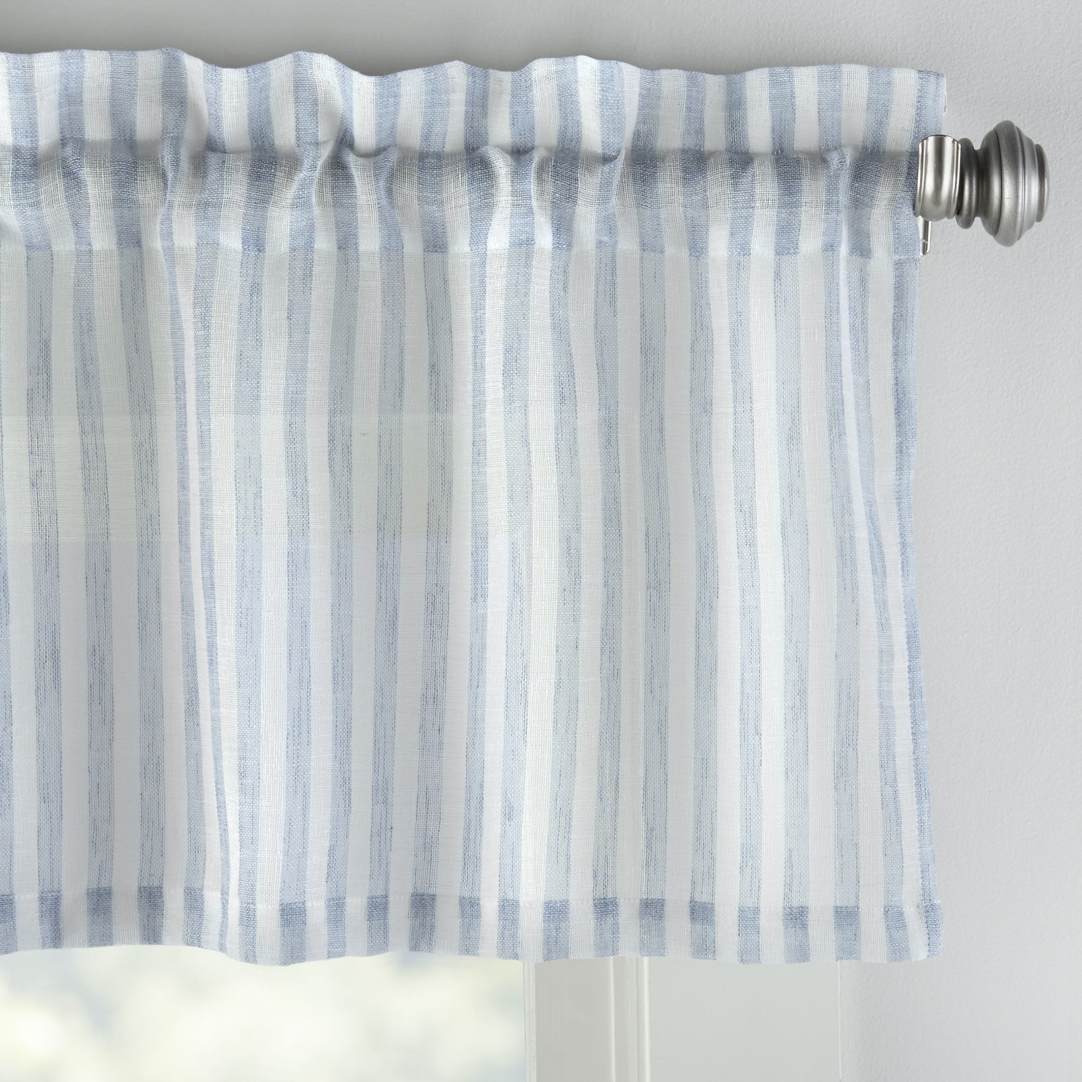 Mainstays Light Filtering Rod Pocket Stripe Curtain Tier and Valance Set, 3pc, 56"x36", Light Blue
