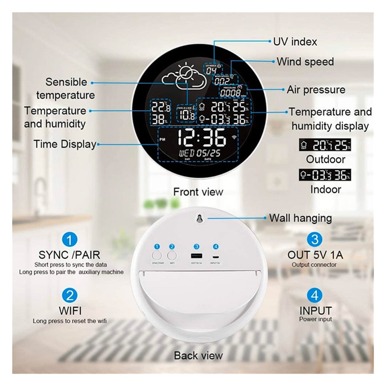 Smart WiFi Weather Station, Indoor and Outdoor Intelligent Thermometer, Wireless Sensor, Hygrometer