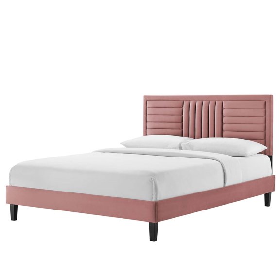 Platform Bed Frame, Tufted, King Size, Pink, Velvet, Mid Century Bedroom, Modern Contemporary Boutique HB35646