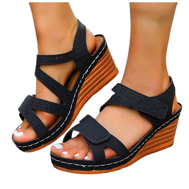 Sandales à Plateforme pour Femmes à Bout Ouvert avec Bride Ajustable, Slingback, Sandale Compensée, Semelle Intérieure Coussinée Confortable, Chaussures de Marche, Noir, Taille 6