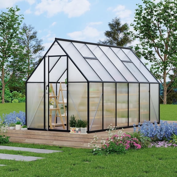 Senfot 6 x 11ft Walk-in Greenhouse Heavy-Duty Aluminum Frame Polycarbonate Panels Quick Setup Roof Vent Large Outdoor Greenhouse Kit for Garden Backyard Black
