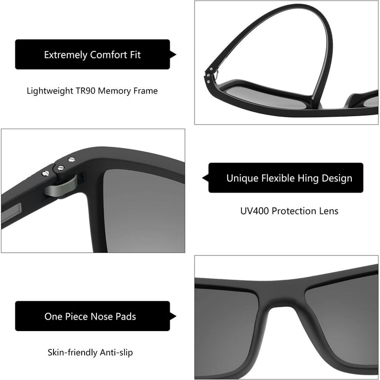 ZENOTTIC Polarized Sunglasses for Men Lightweight TR90 Frame UV400  Protection Square Sun Glasses C02 Black Frame / Black Polarized Lens 