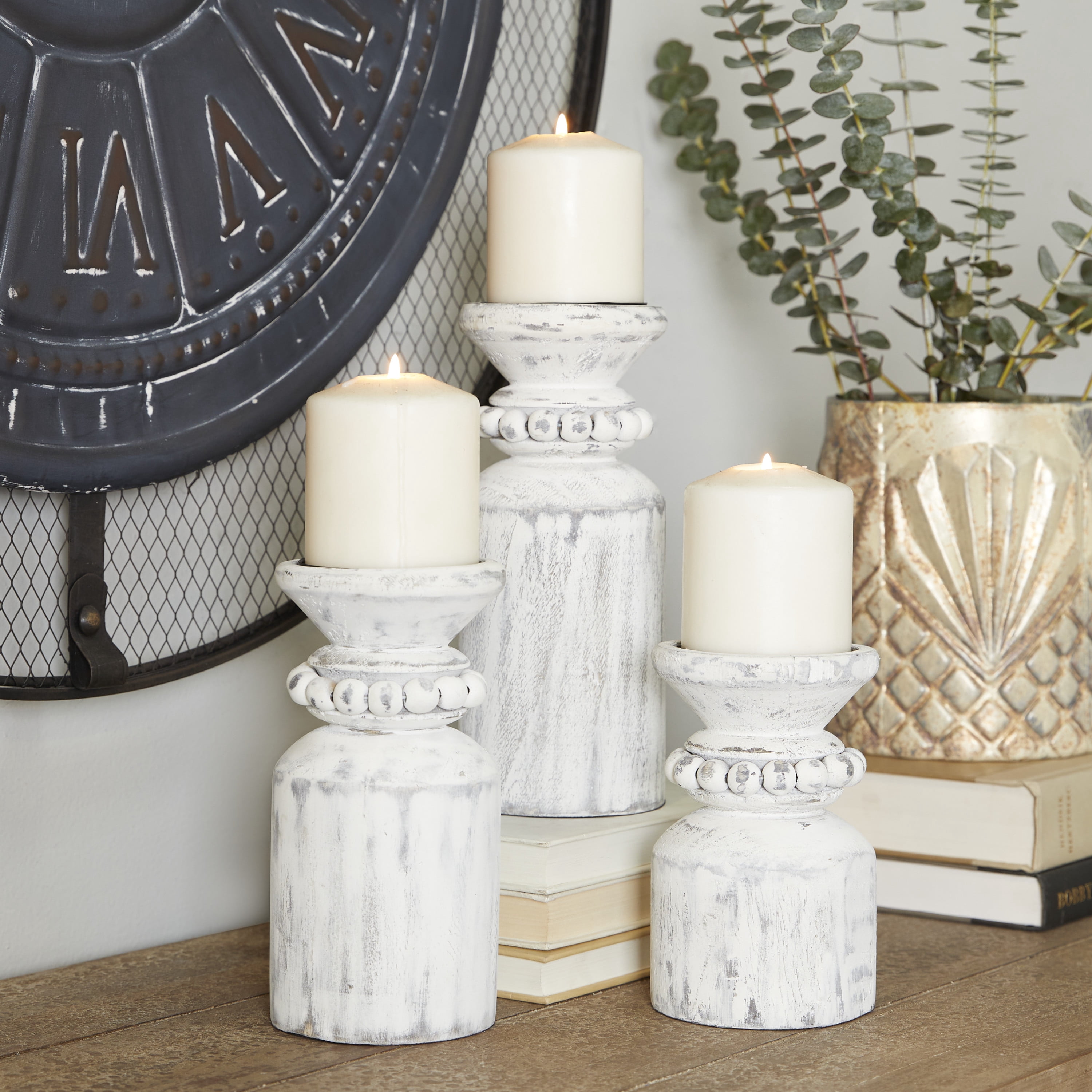 DecMode 3 Candle White Wood Candle Holder, Set of 3