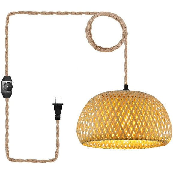 Plug in Pendant Light Hanging Lamp with Switch Hemp Rope Cord Bamboo Lampshade Wicker Rattan Hanging Lights US Plug