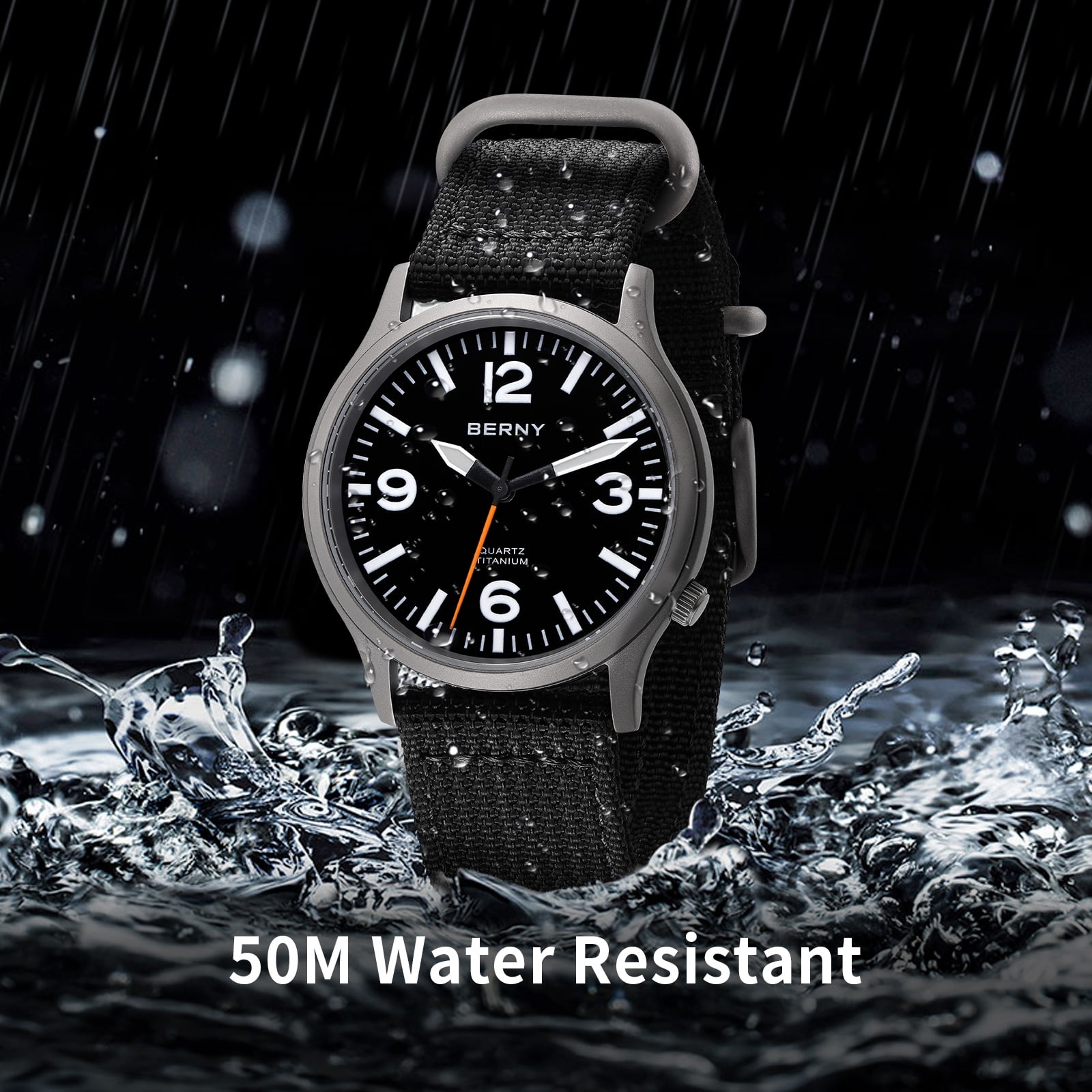 BERNY Watches for Men Military Sport Nylon Strap Titanium Field Watch with Sapphire Crystal Luminous Fashion Analog Quartz Watch Easy to Read 50M Waterproof Army Tactical Casual Wristwatch (Black)