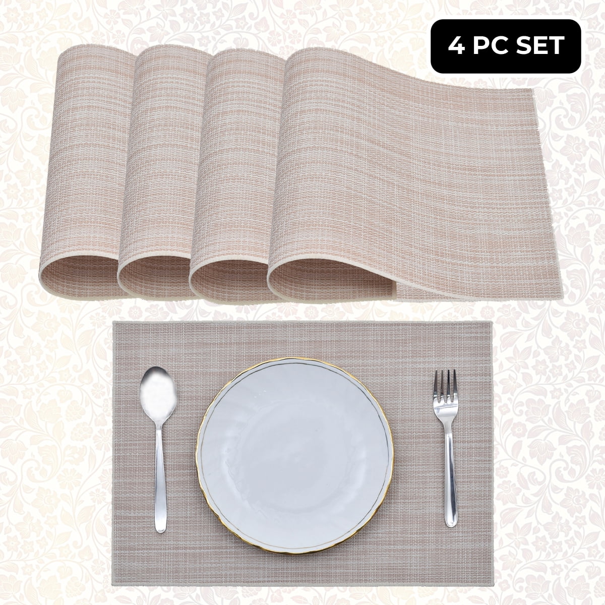 Decozen Placemats Set of 4 Dining Table Placemats, Rectangular Vinyl, PVC, 18"x12" - Beige Brown