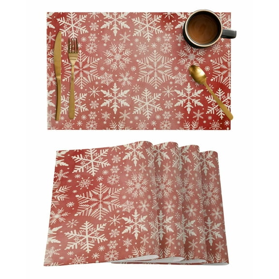 Winter Christmas Placemats Set of 1 Watercolor White Snowflake Red Painted Heat Insulation Washable Place Mats, Rustic Non-Slip Table Mats for Dining Table Party Kitchen Decor,13x19 Inch