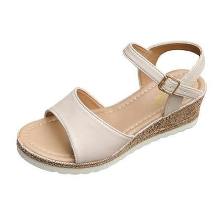 

Ruyang Women Fashion Summer Sandals Leather Open Toe Wedge Heel Buckle Sandals Womens Leather Sandals