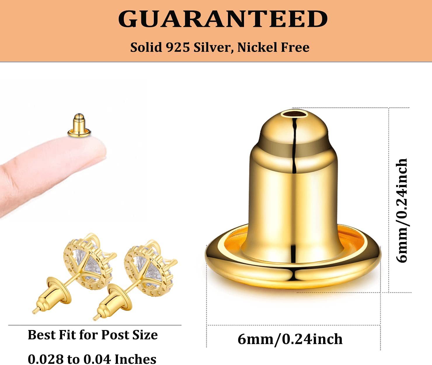 3-Pairs Gold-plated Sterling Silver Locking Earring Backs A4395-Gold