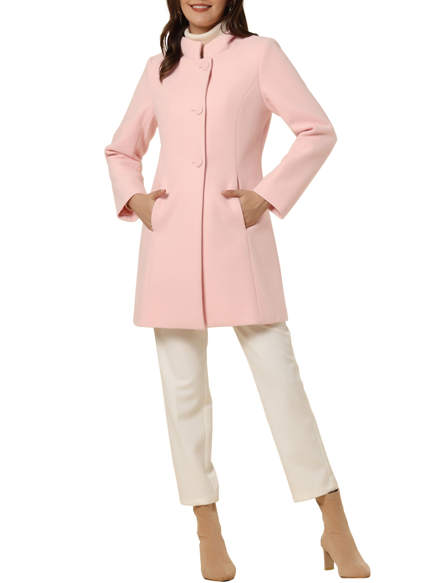 Unique Bargains Women's Winter Overcoat Stand Collar Single Breasted Long Coat S Light Pink