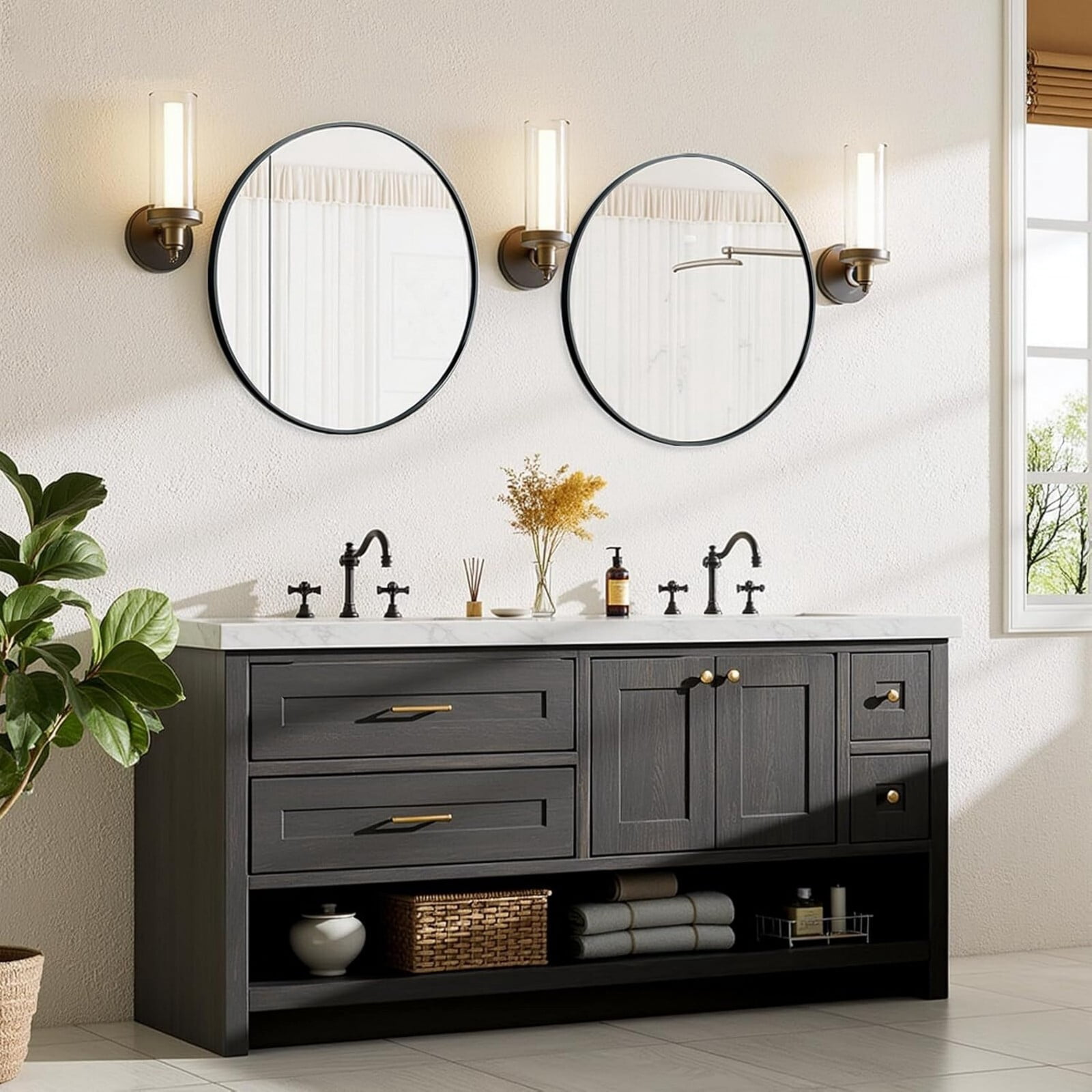 AUROMIR 24" Round Bathroom Mirror Wall Mounted Modern Vanity Mirror, Black
